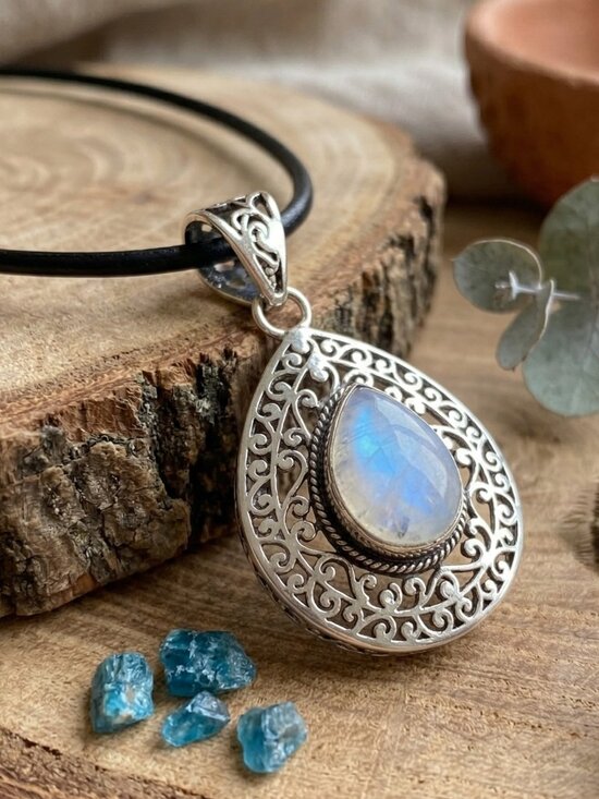 Genuine Rainbow Moonstone 925 Teardrop Pendant Black Leather Cord Necklace
